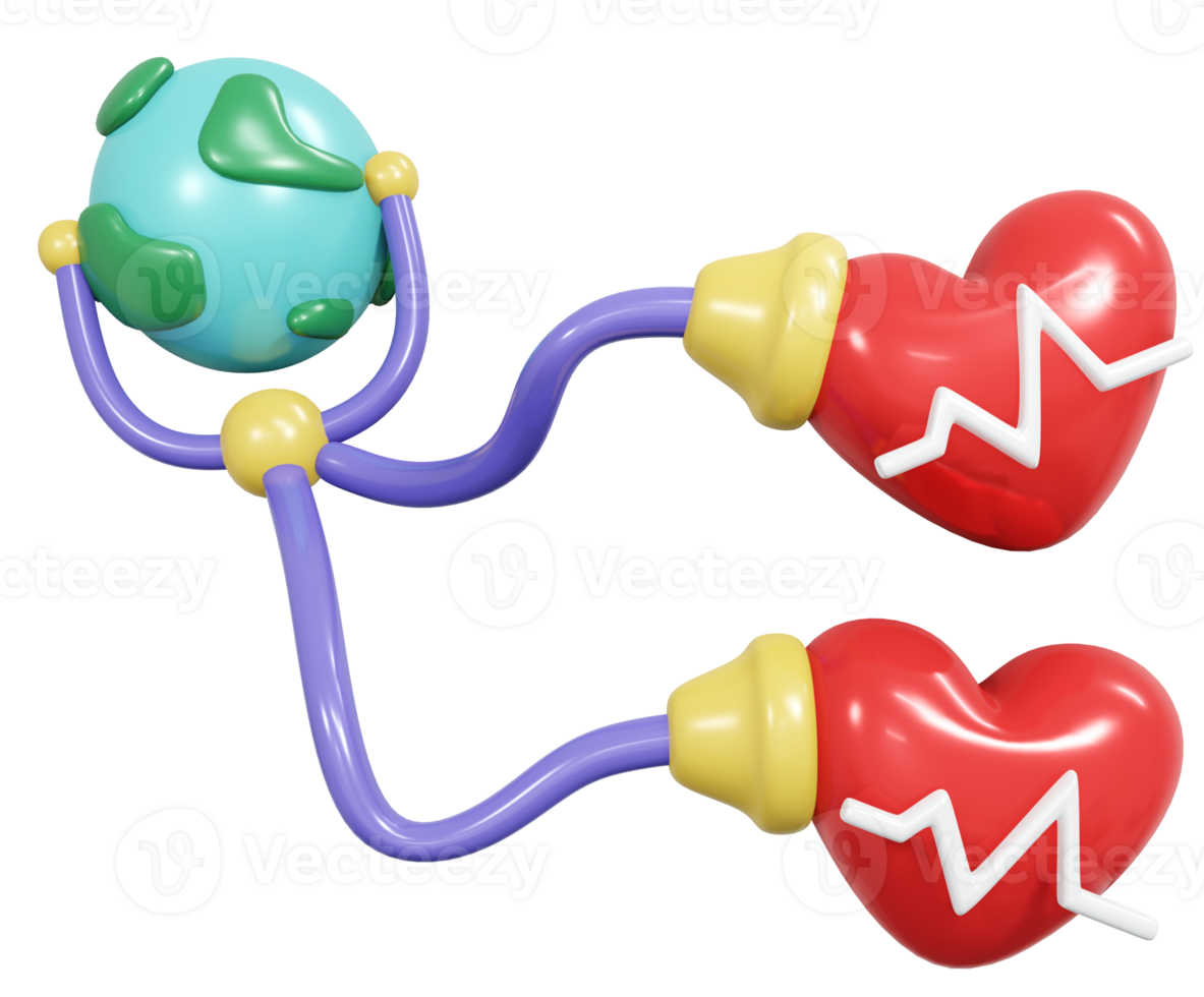 3d Rendern Globus Symbol Herz und Stethoskop Konzept von Welt Gesundheit Tag. 3d machen Illustration. png