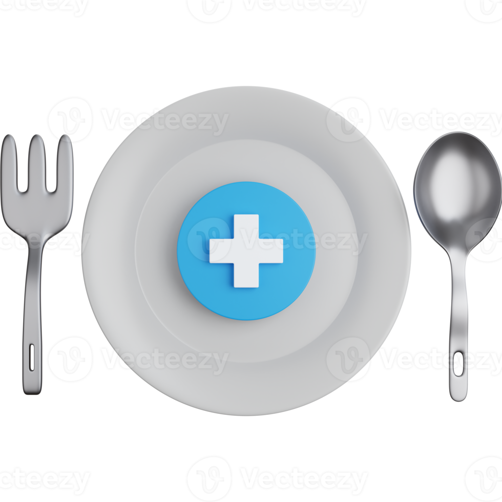 3D Rendering Plate with cutlery and plus symbol Isolated png