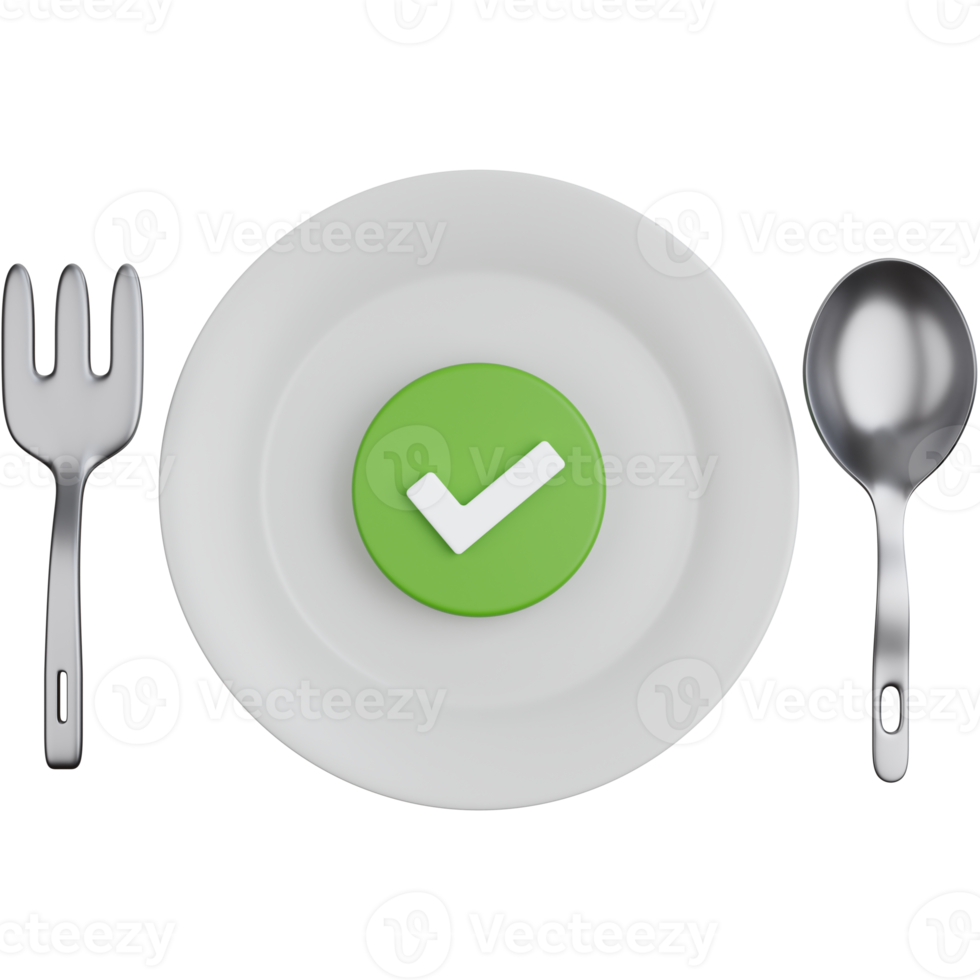 3D Rendering Plate with cutlery and check symbol Isolated png