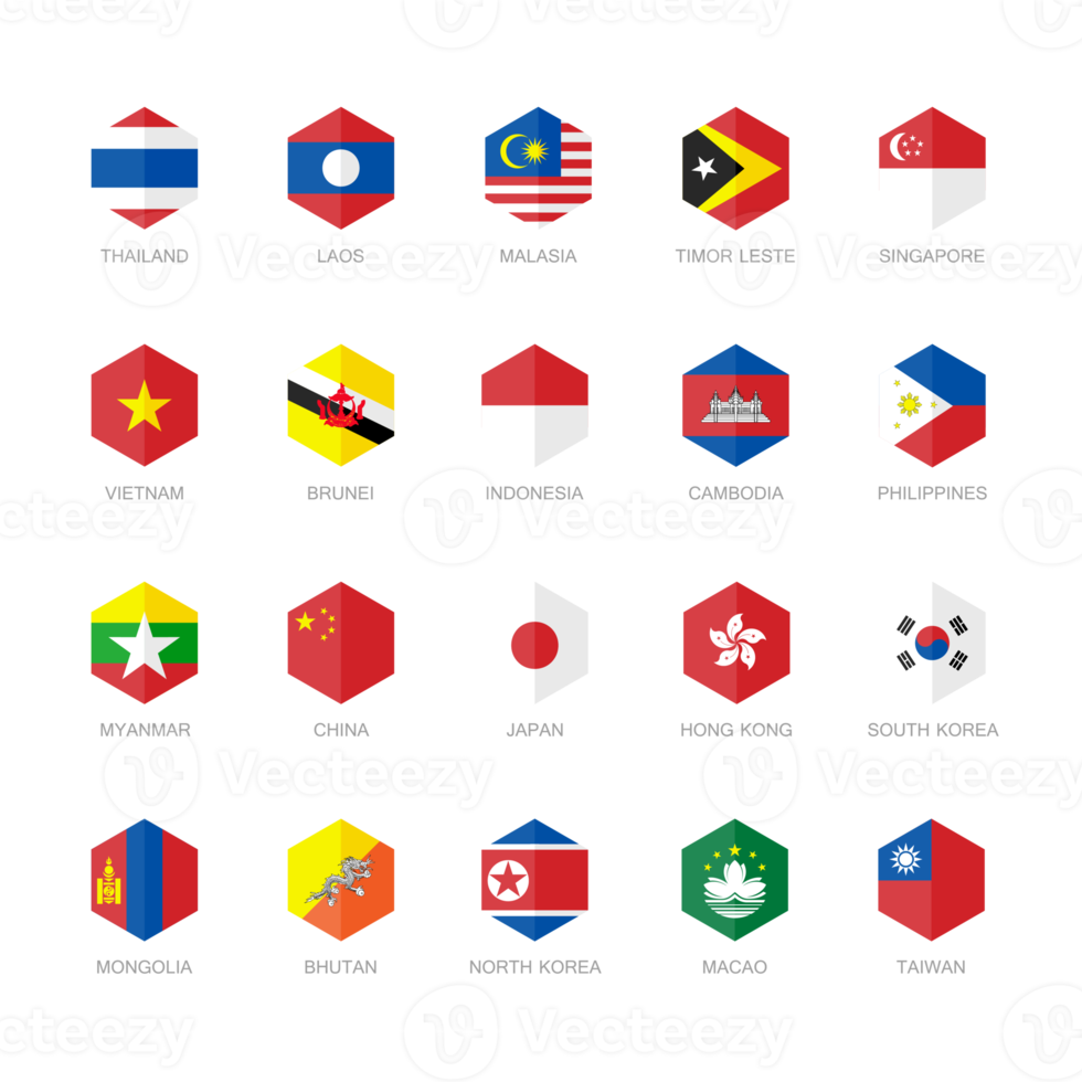 East Asia and South East Asia Flag Icons. Hexagon Flat Design. png