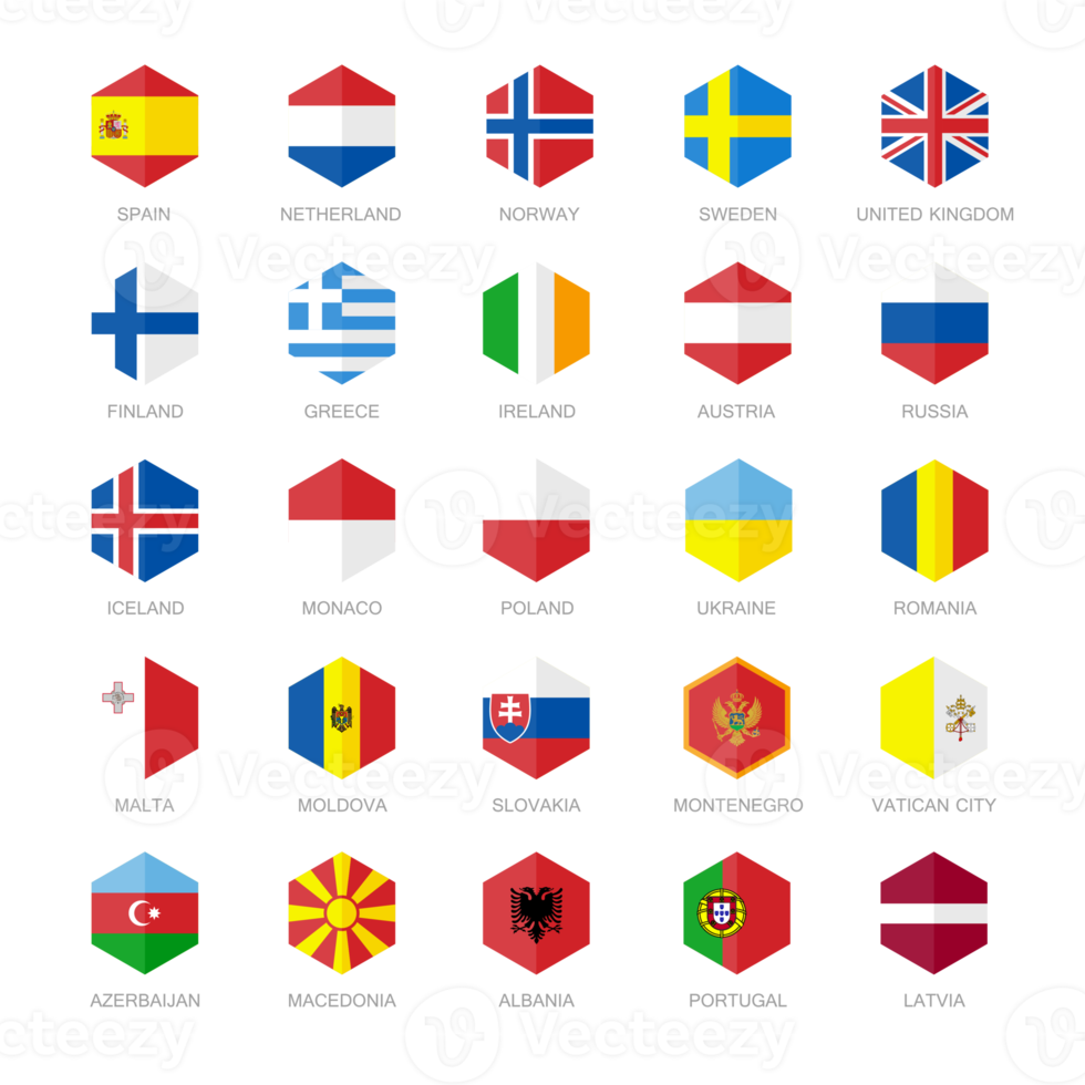 Europe Flag Icons. Hexagon Flat Design. png