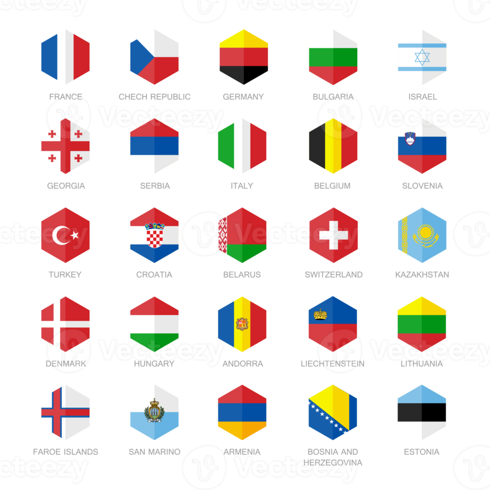 Europe Flag Icons. Hexagon Flat Design. png