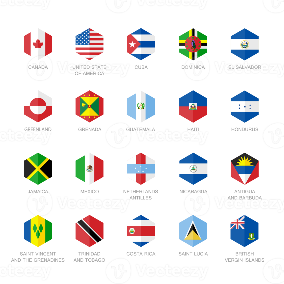 North America and Caribbean Flag Icons. Hexagon Flat Design. png