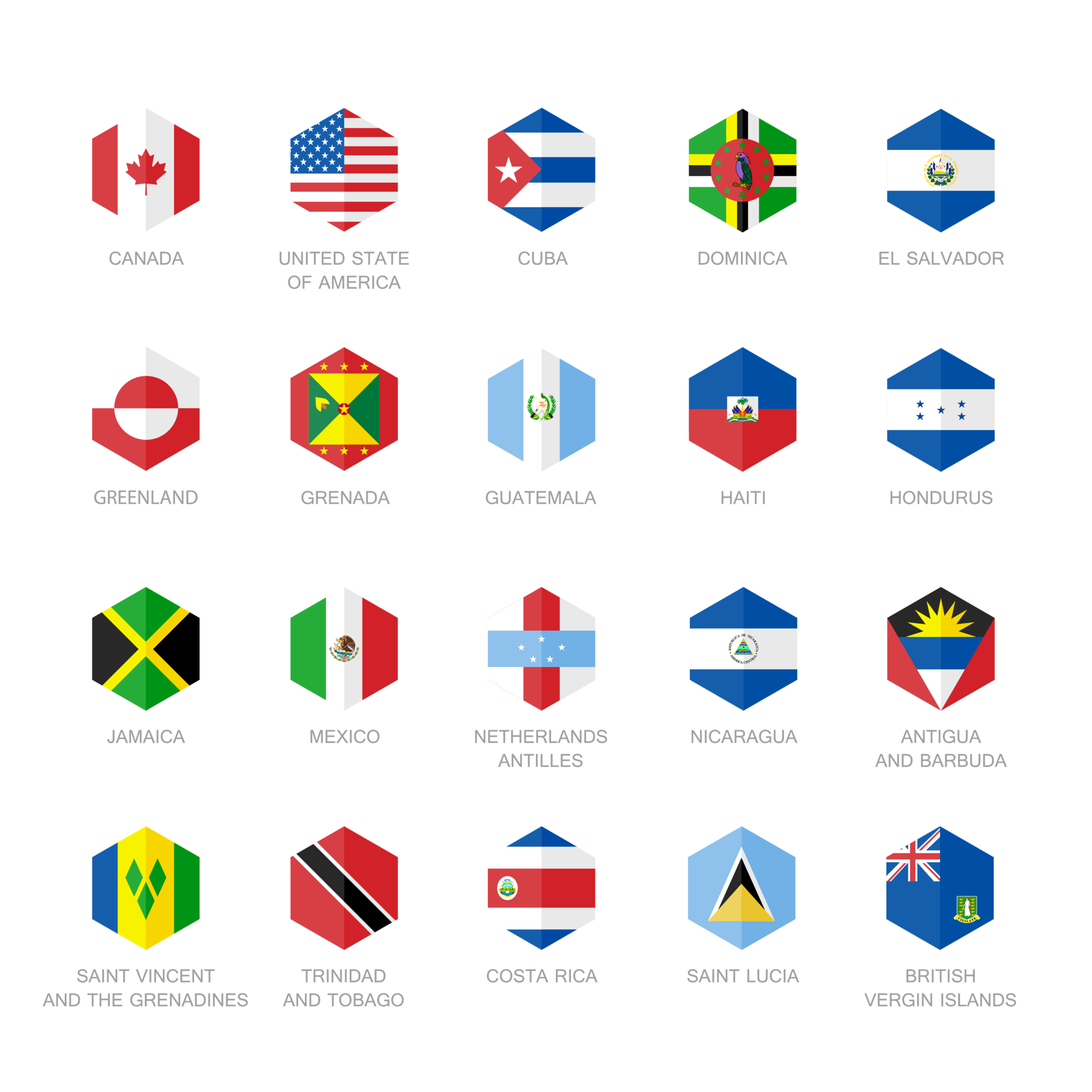 North America and Caribbean Flag Icons. Hexagon Flat Design. 20008915 PNG