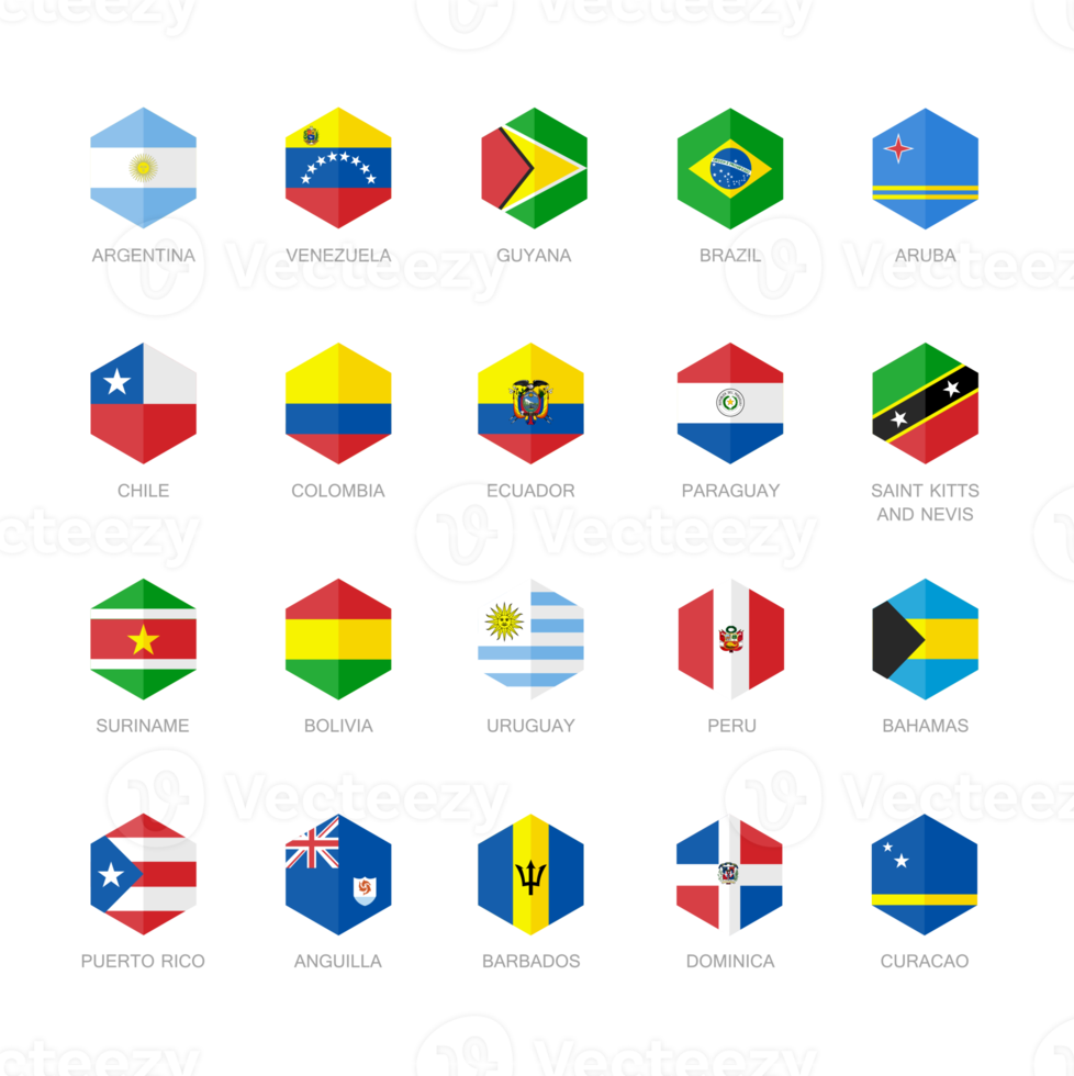 South America and Caribbean Flag Icons. Hexagon Flat Design. png