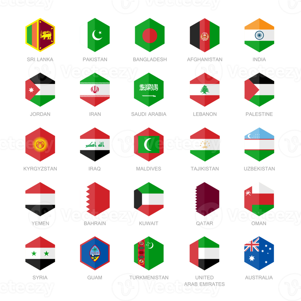 Asia middle east and south Asia Flag Icons. Hexagon Flat Design. png