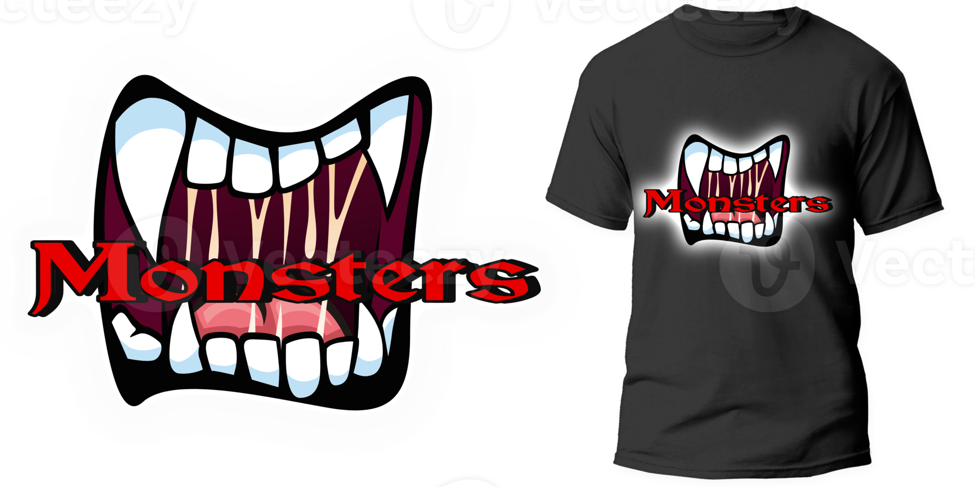 transparent t-shirt logotyp design med tryckt exempel lämplig för skärm utskrift t-tröjor och skyltar, banderoller och logotyper, masker, strumpor, byxor, skor, hattar monster modell png