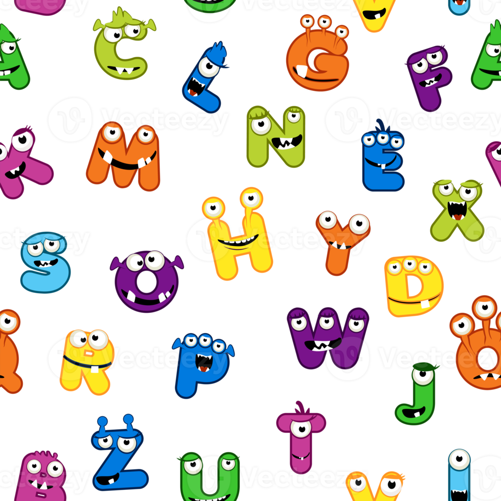 Seamless pattern with MONSTER alphabet font. Bright pattern for Children png