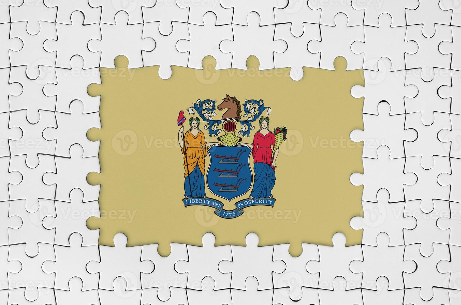 New Jersey US state flag in frame of white puzzle pieces with missing central part photo