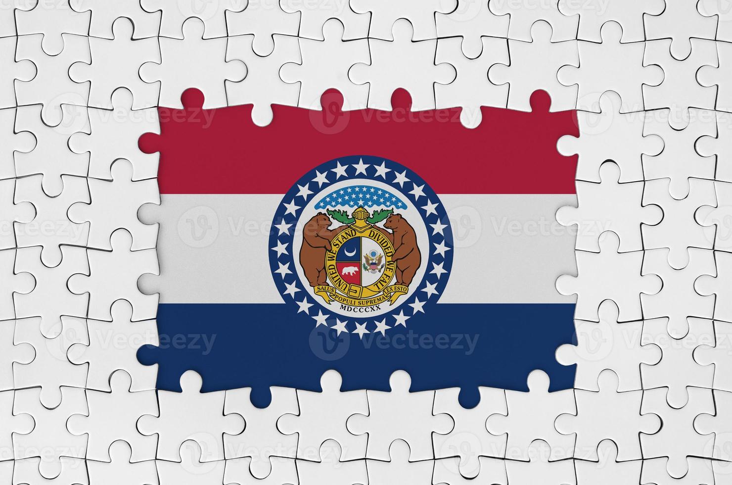 Missouri US state flag in frame of white puzzle pieces with missing central part photo