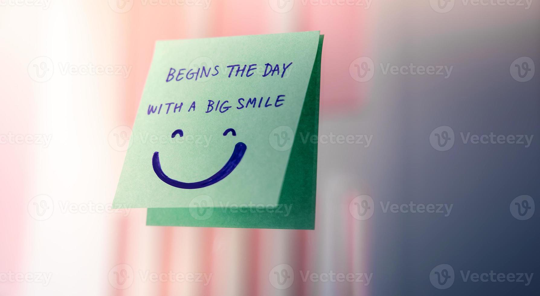 Beginnings, Start and Mental Health Concept. Note on the Mirror with a Big Smiling Face Cartoon. Remind and Practice to Start the Day with a Positive Mind photo