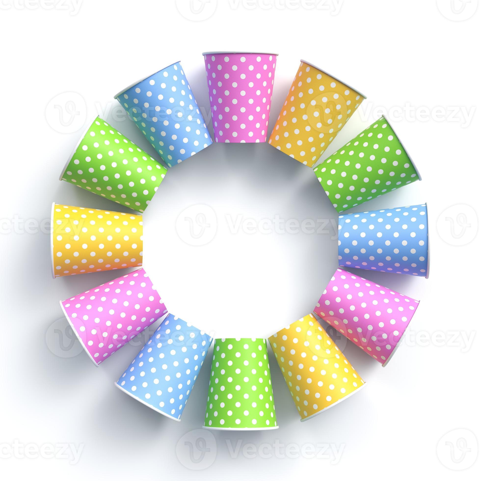Colorful paper cups with polka dot pattern arranged in circle frame