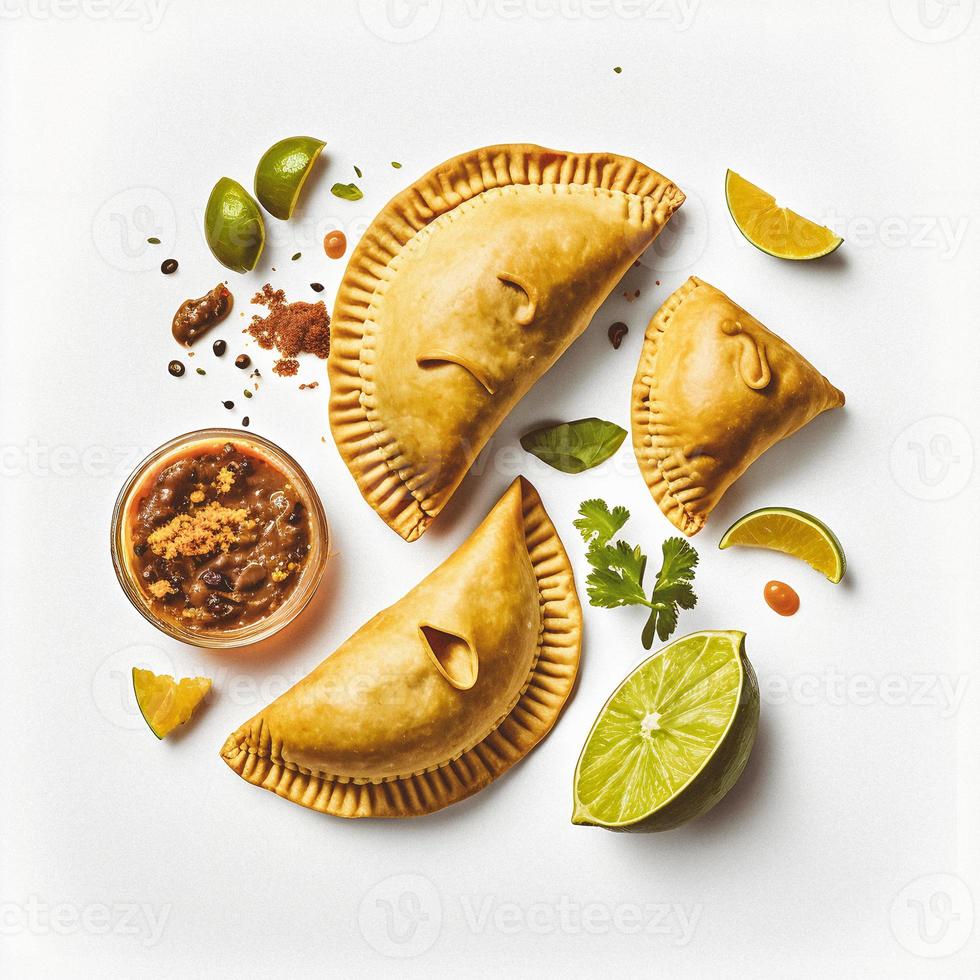 traer un toque de sofisticación a tu relacionado con la comida proyectos con nuestra empanadas en un blanco antecedentes. escaparate el Rico sabores y diversidad de latín americano cocina foto