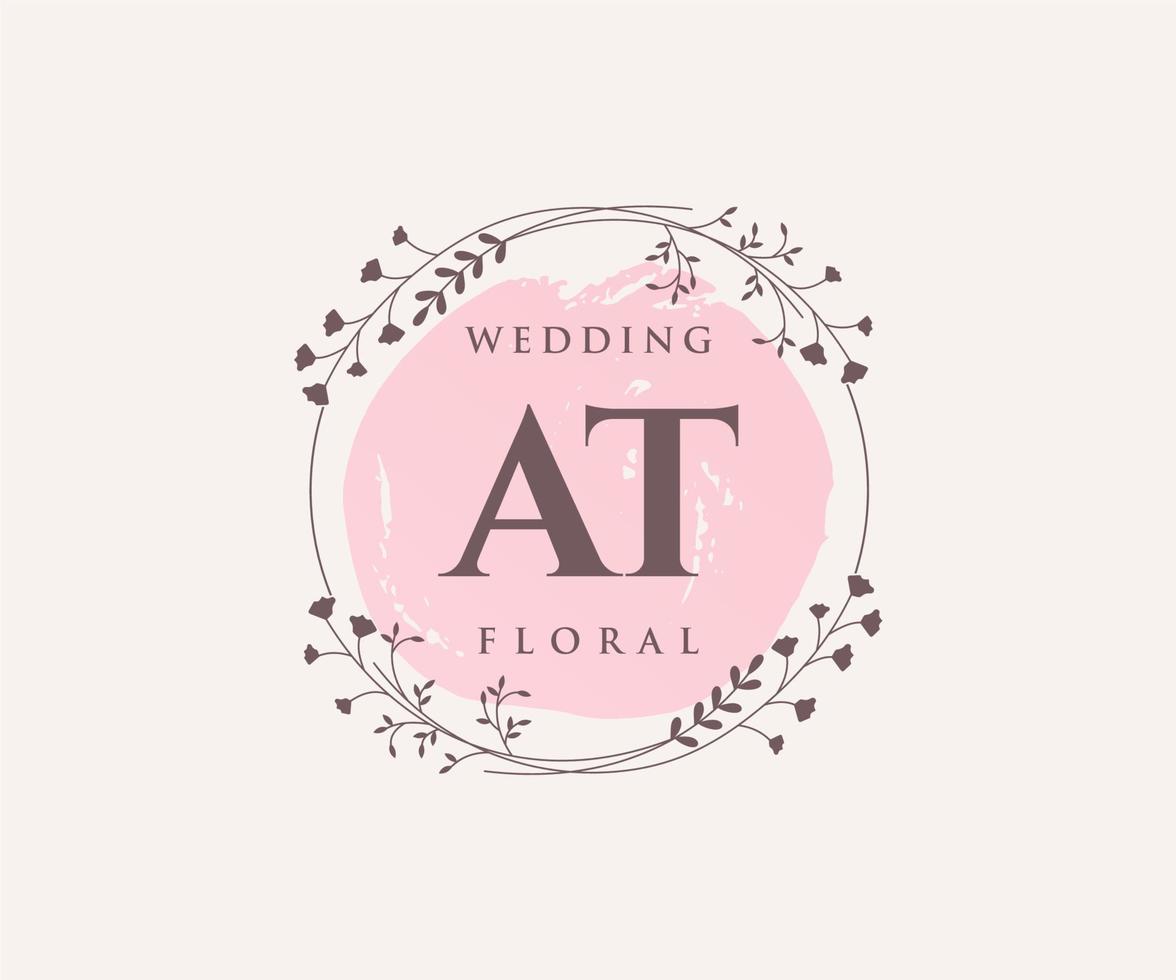 AT Initials letter Wedding monogram logos template, hand drawn modern minimalistic and floral templates for Invitation cards, Save the Date, elegant identity. vector