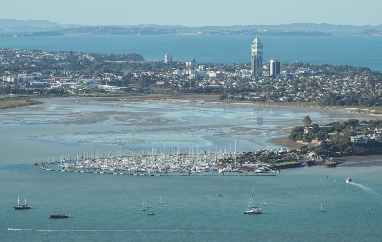 Scenery view of the North Shore and Shoal Bay view from the top of Auckland Sky tower, New Zealand. photo
