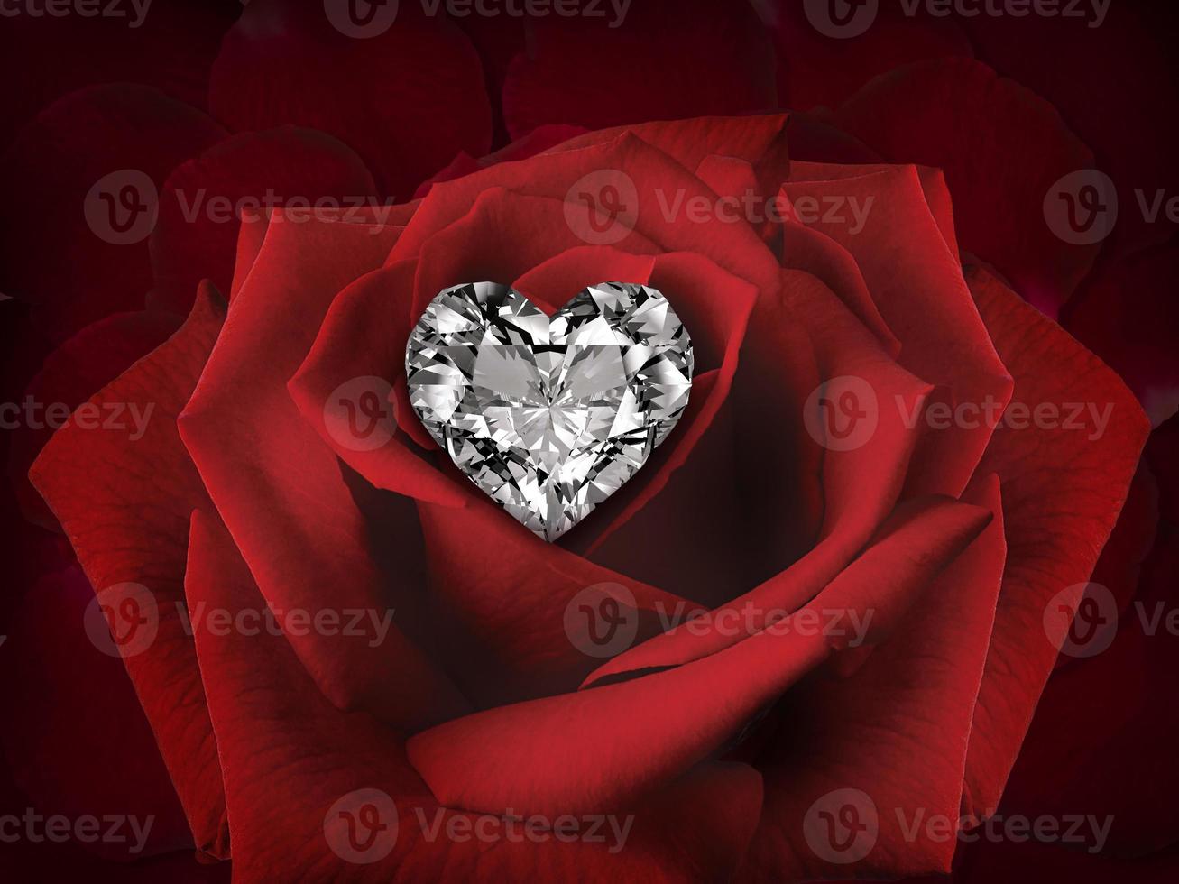 Diamond heart on a Rose Flower on background of beautiful red rose petals photo