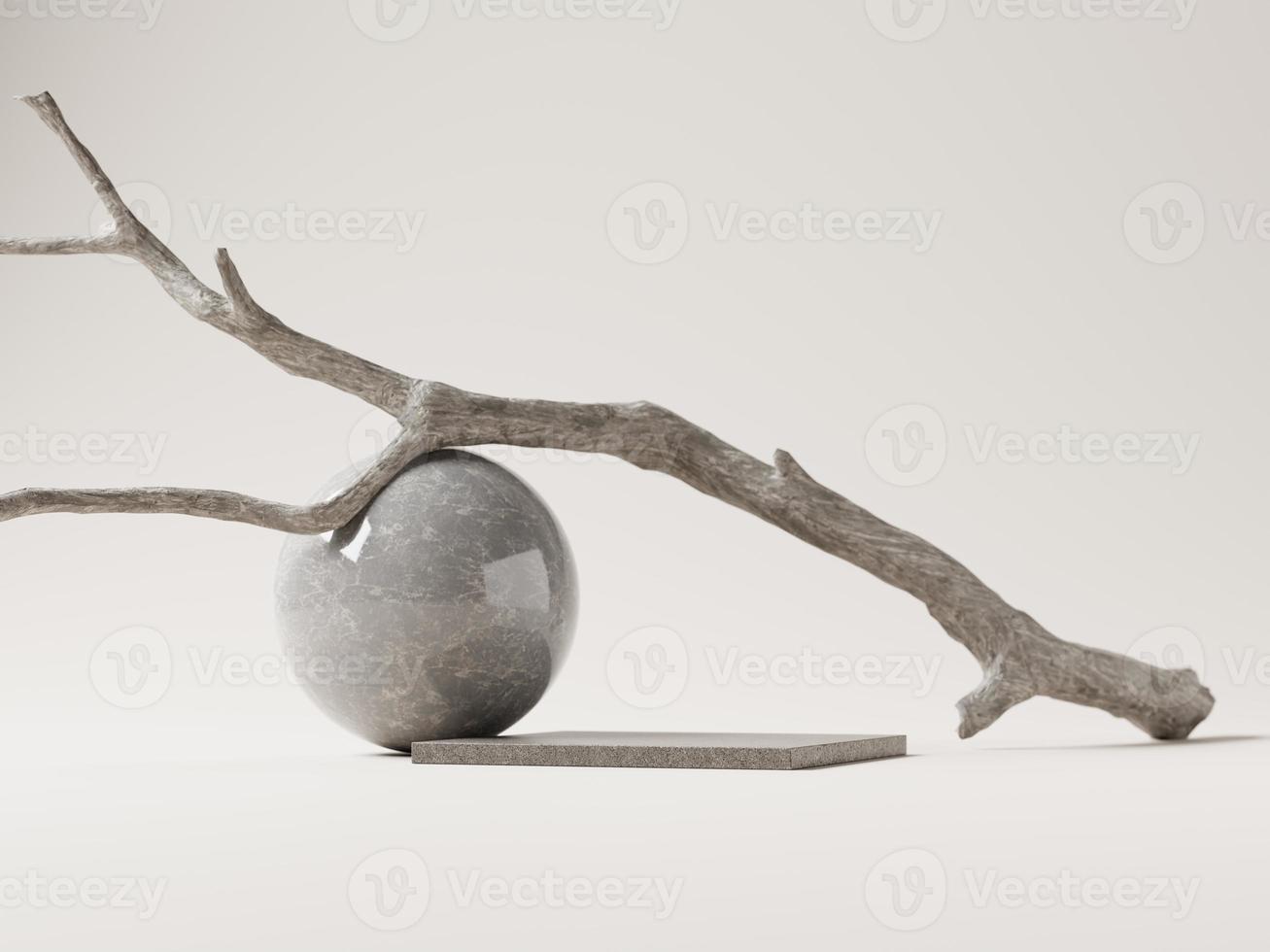 3d minimal display podium with dried branch and marble ball isolated on beige background. 3d rendering of abstract presentation for product advertising. 3d minimal illustration. photo