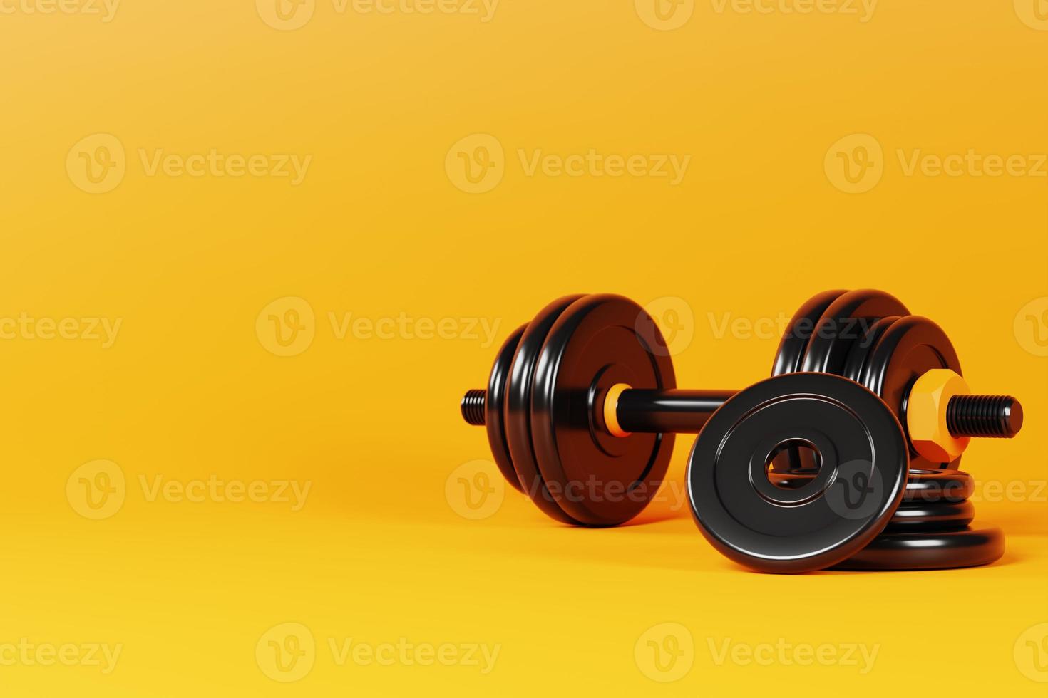 3d black dumbbell with weight plates isolated on yellow background. 3d rendering of realistic fitness equipment with copy space. 3d illustration. photo