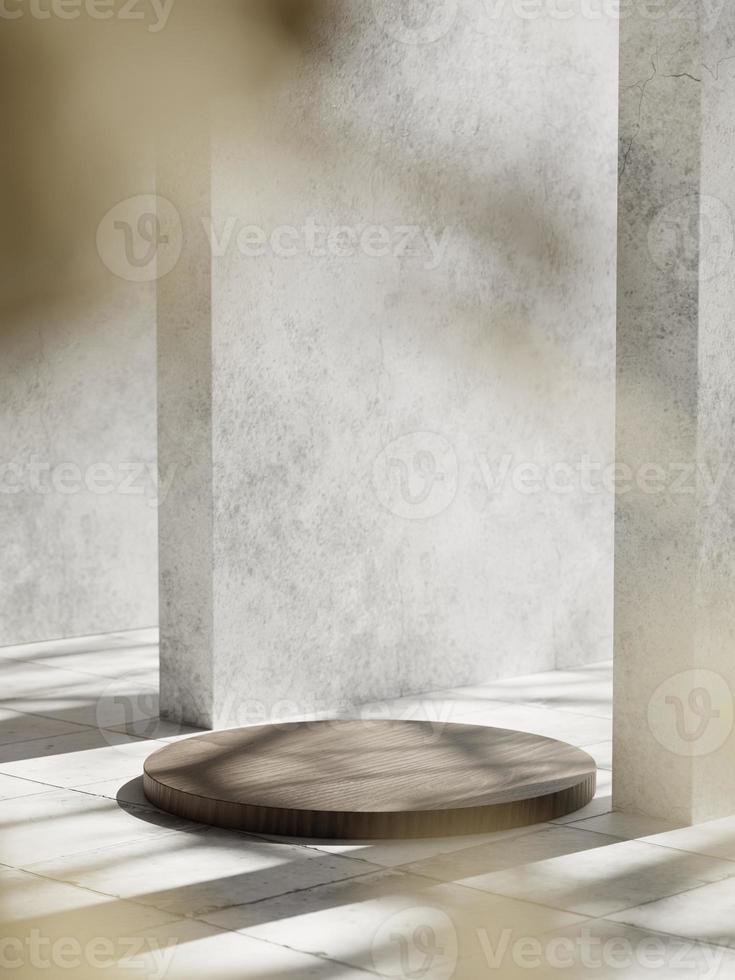 3d wooden display podium on tile floor against concrete wall. 3d rendering of realistic presentation for product advertising. 3d interior illustration. photo