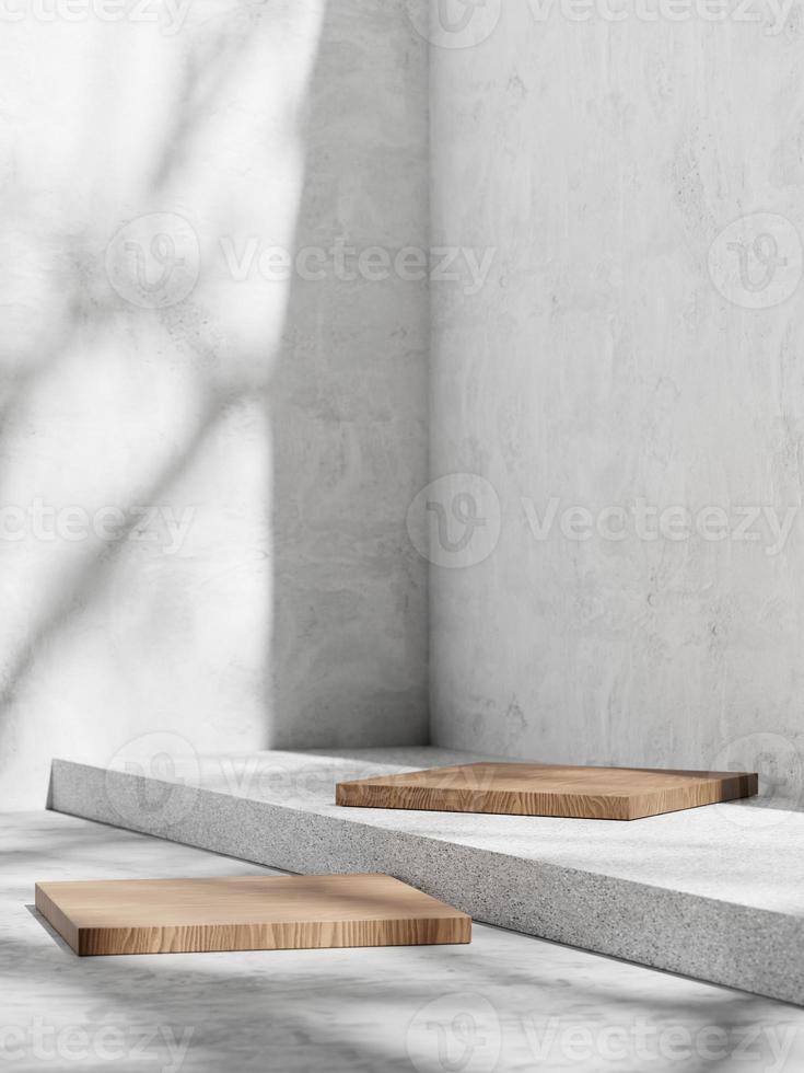 3d wooden display podiums against white concrete wall. 3d rendering of realistic presentation for product advertising. 3d minimal illustration. photo