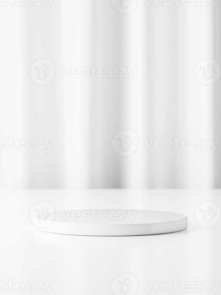 3d white ceramic display podium on table against white curtain background. 3d rendering of realistic presentation for product advertising. 3d illustration. photo
