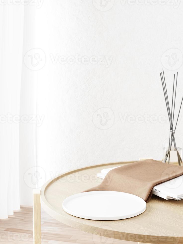 3d white ceramic plate with magazines, fabric and diffuser on wooden round table. 3d rendering of realistic presentation for product advertising. 3d minimal illustration. photo