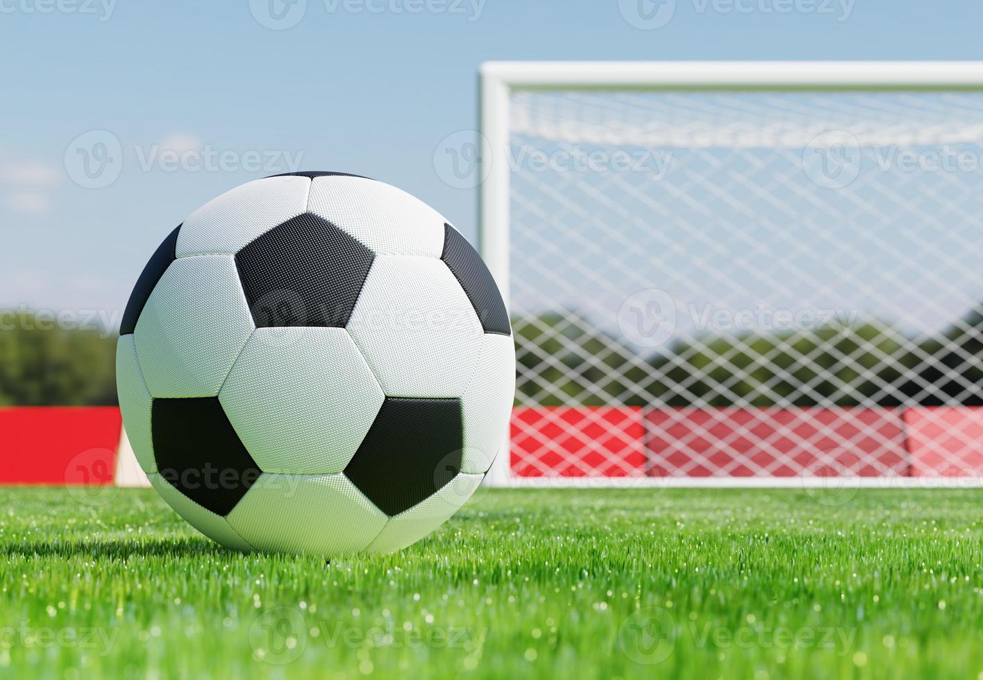 3d black and white soccer ball on green grass pitch against soccer goal. 3d rendering of sport equipment. 3d illustration. photo