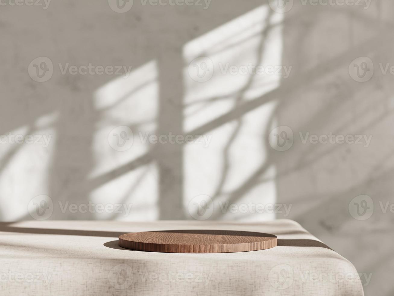 3d wooden display podium on the table against concrete wall. 3d rendering of realistic presentation for product advertising. 3d interior illustration. photo