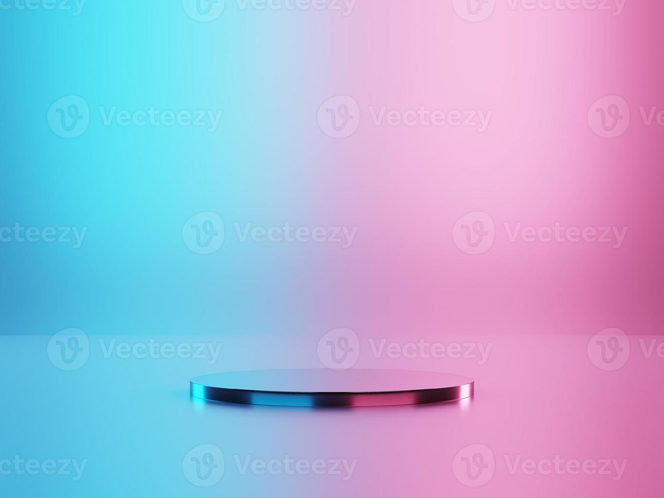 3d silver flat display podium between blue and pink light background. 3d rendering of presentation for product advertising. 3d illustration. photo