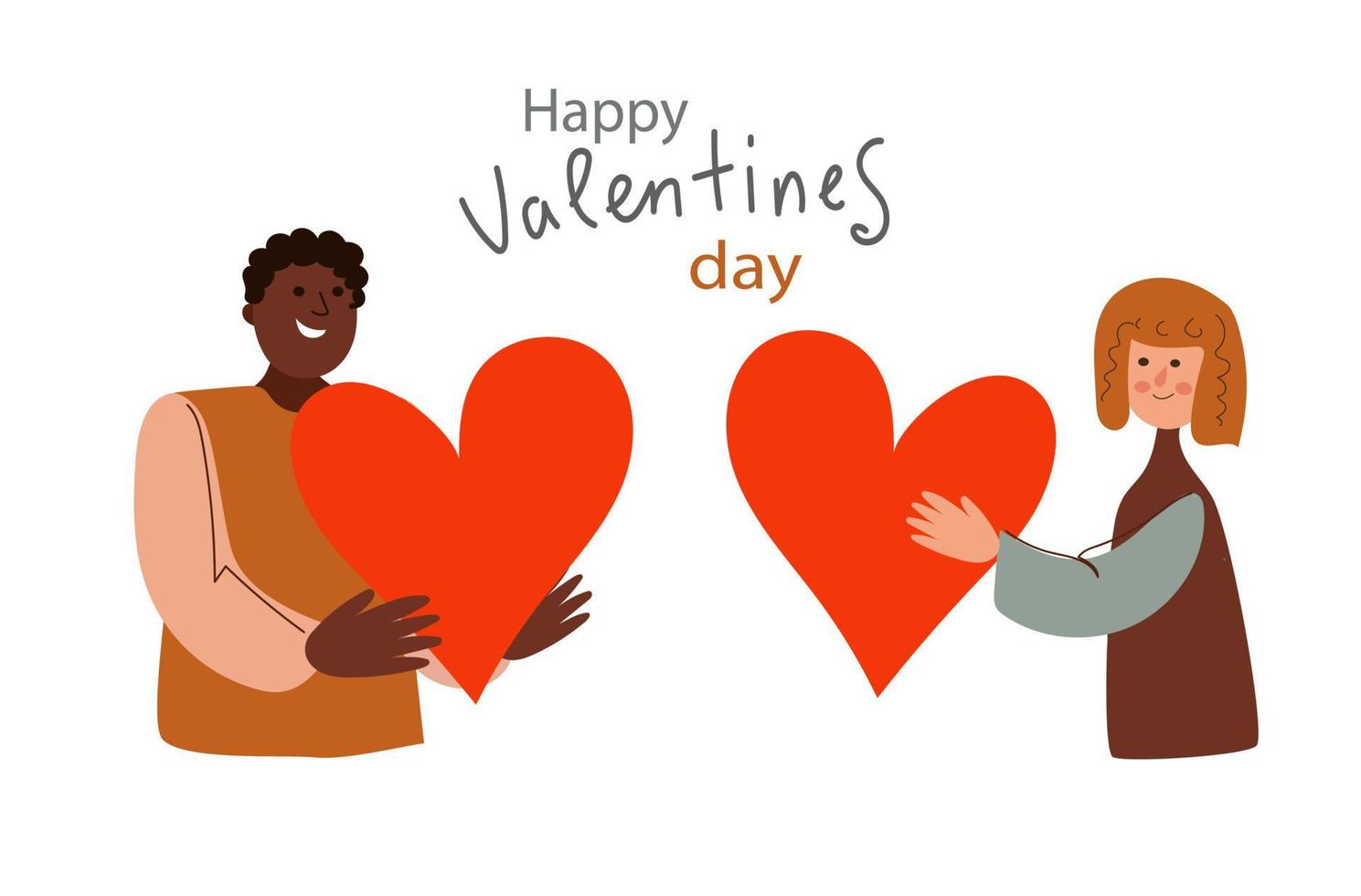 Young woman and a man give each other hearts, couple in love, celebrating Valentine's day, poster modern flat vector illustration