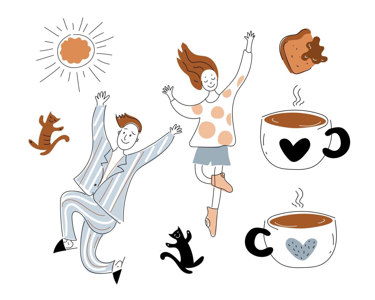 weekend morning  happy couple, morning  coffee, Vector doodle set illustration.