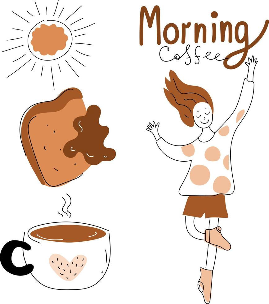 hombres y mujeres jóvenes desayunan juntos. pareja feliz de la mañana del fin de semana, café de la mañana, ilustración de conjunto de garabatos vectoriales. vector