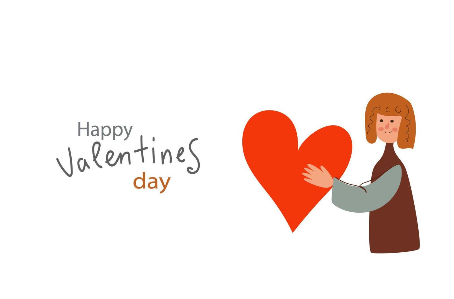 Young woman holds a heart in his hands, celebrating Valentine's dayl poster modern flat vector illustration.