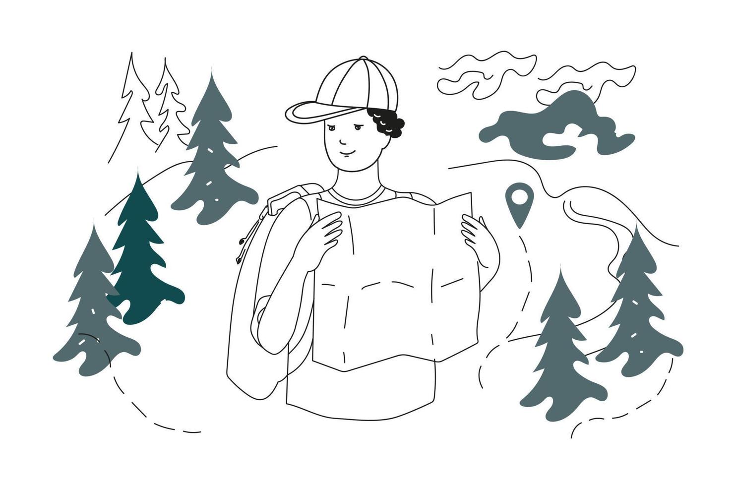 tourist with rucksack holding map searching route. Vector doodle illustration.