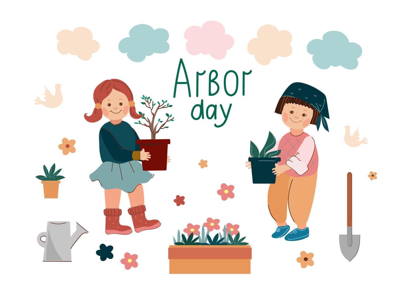 Arbor day. Children standing under a blooming tree preparing to plant saplings .Vector doodle cartoon illustration. vector