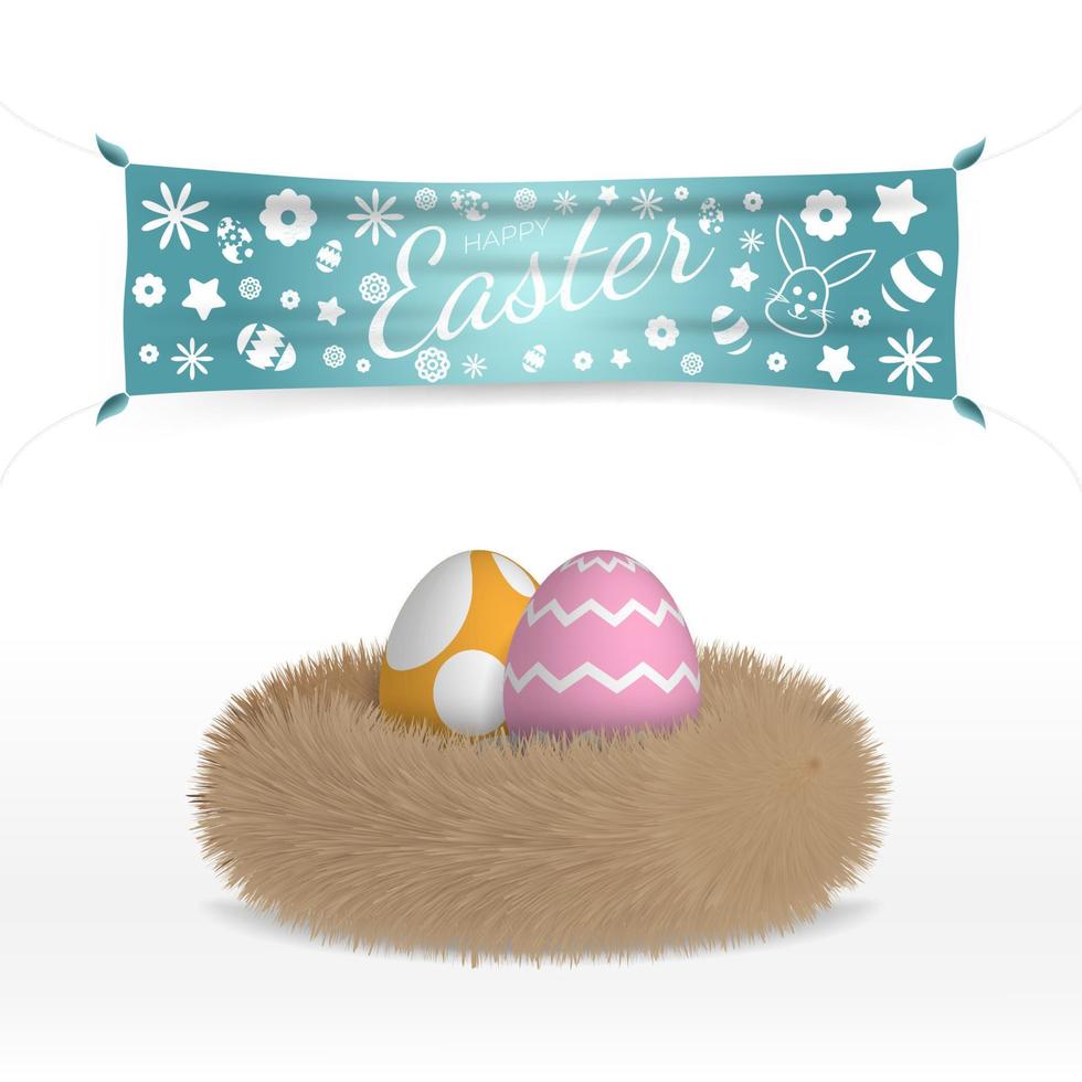 Minimal happy easter greeting with eggs on the nest and easter doodle vector