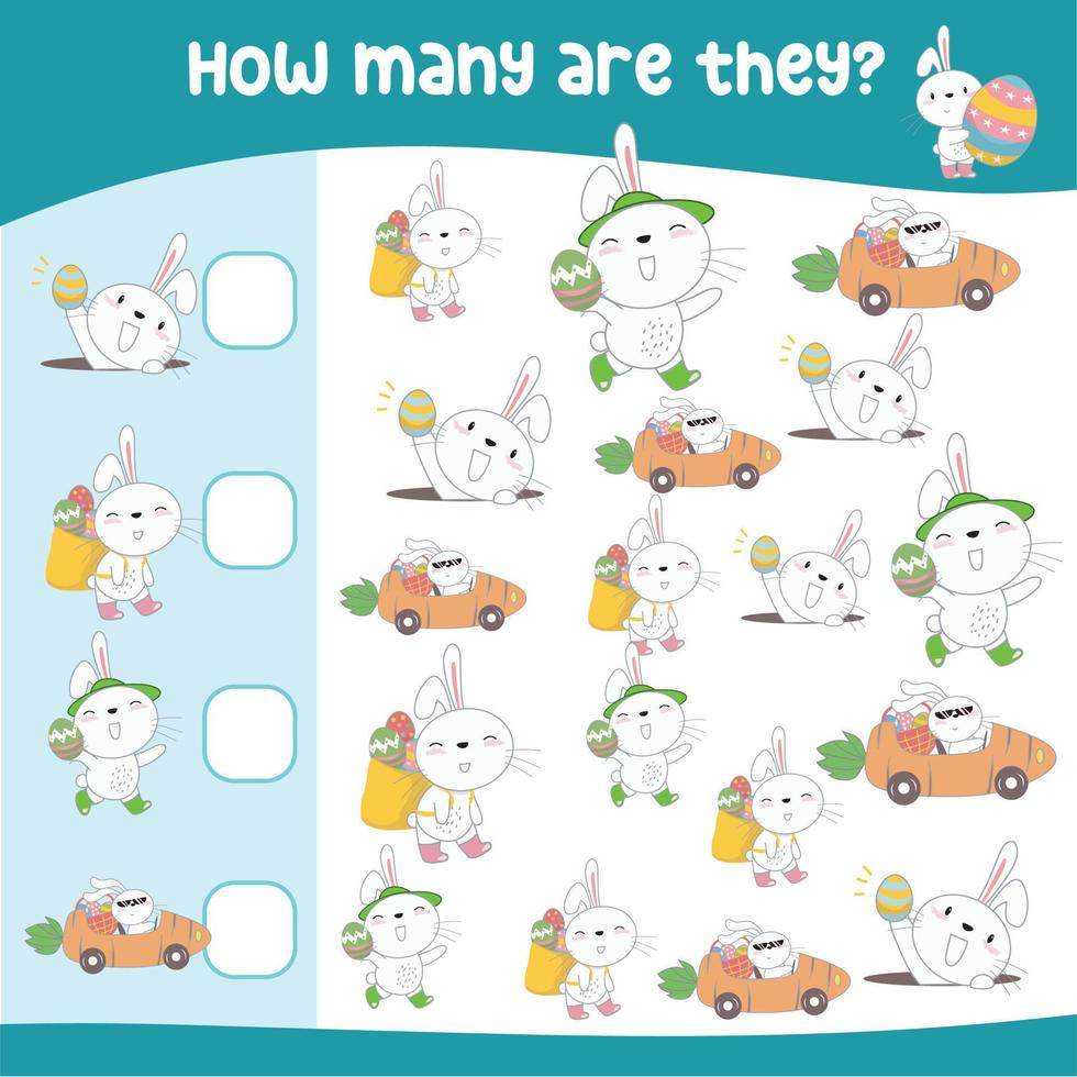 Mathematic activity page with cute rabbit. Calculate and write the result. Educational printable math for children. Vector file.