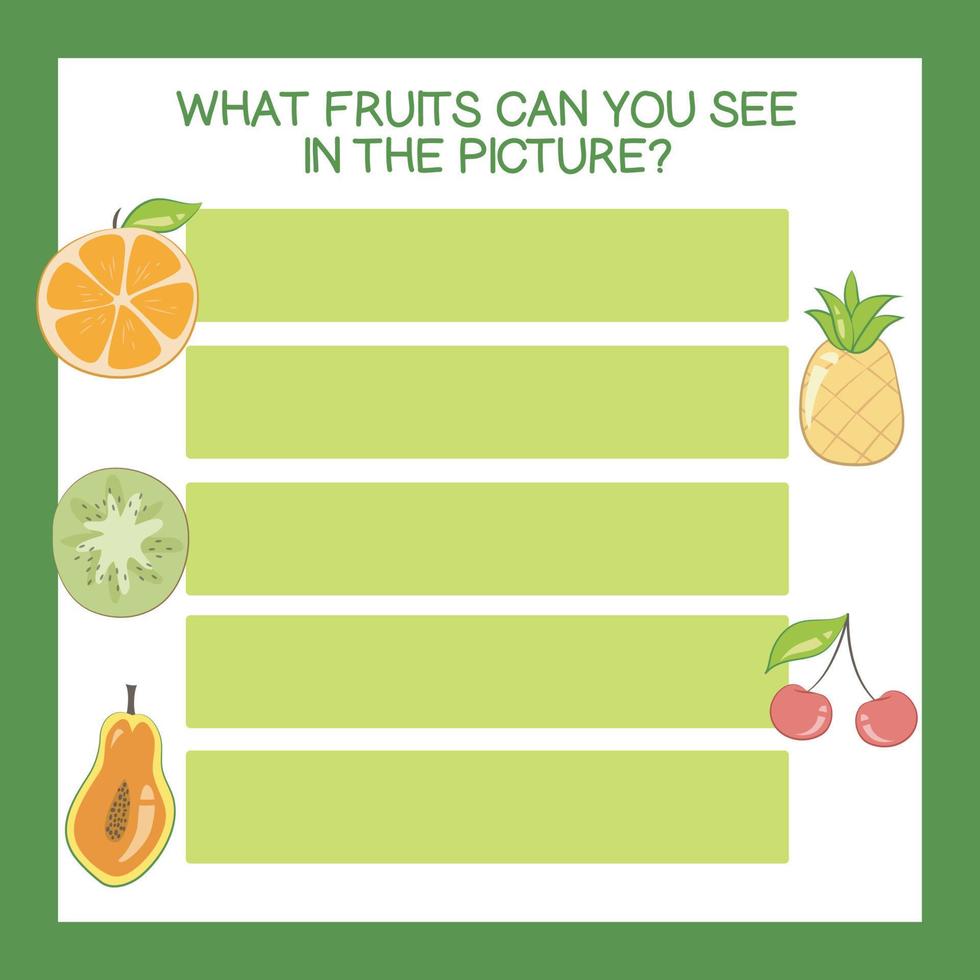 What fruits can you see in the picture worksheet. Cute printable template. Preschool Education. Vector illustration.