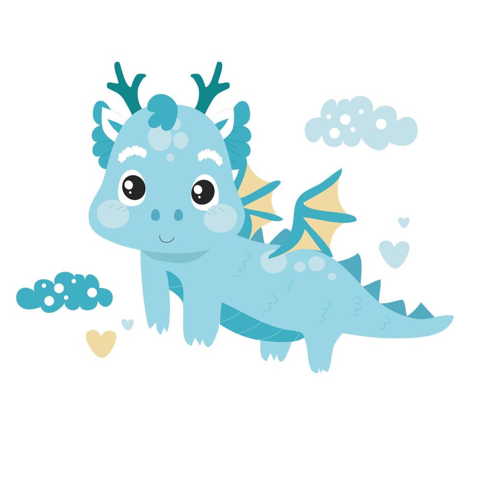 Cute baby dragon on white background for kids fashion artworks, children books, birthday invitations, greeting cards, posters. Fantasy cartoon vector illustration. Vector file.