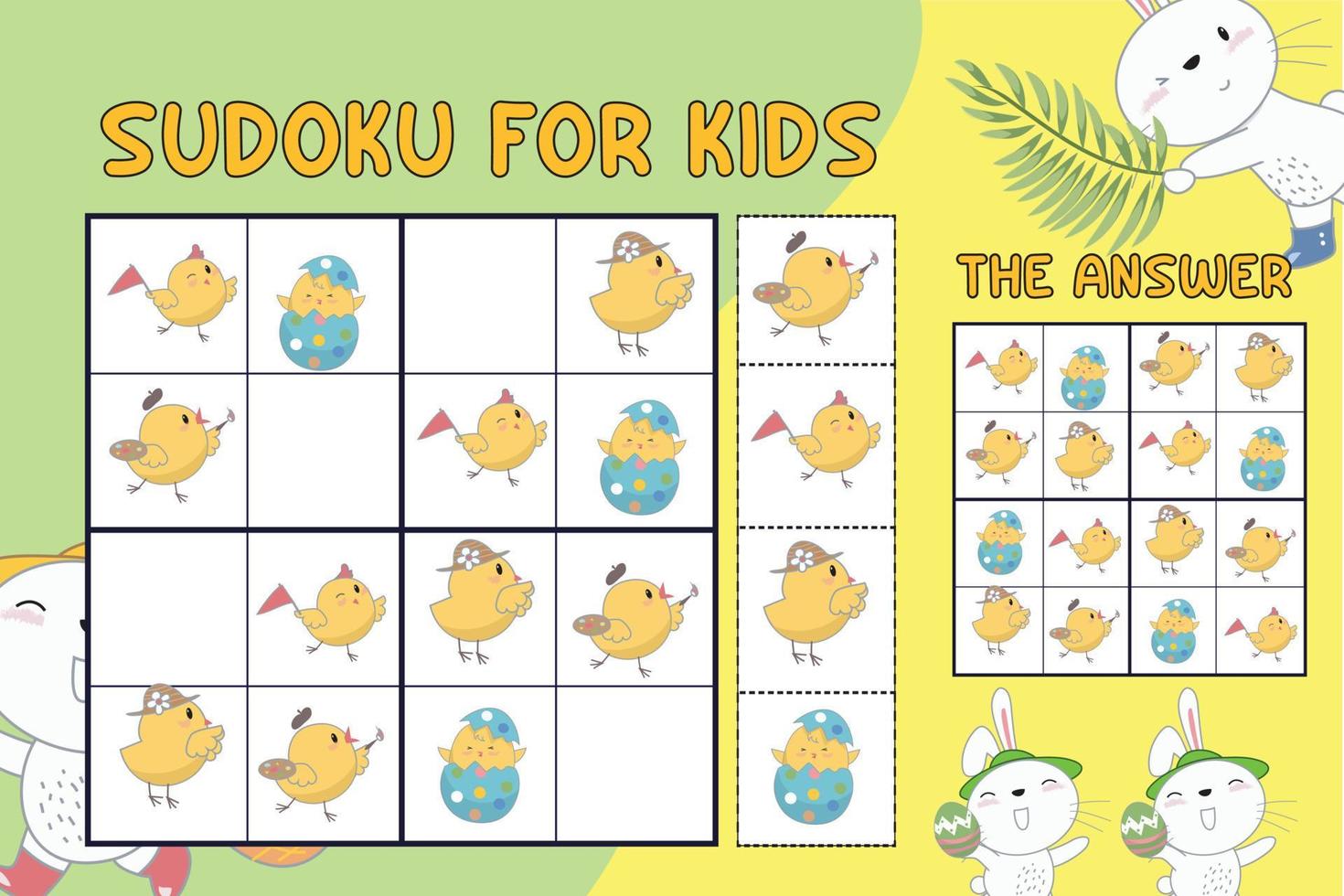 Sudoku sheet for kids. Education worksheet for children. Printable puzzle game for preschool.  Cute and funny cartoon characters. Vector illustration.