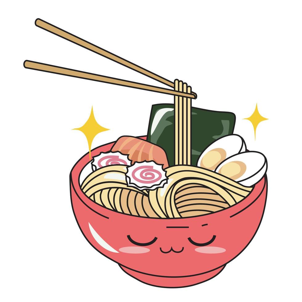 Cute Japanese food on white background for kids fashion artworks, children books, invitations, greeting cards, emoji, textile, web, print. Kawaii cartoon vector illustration. Vector file.