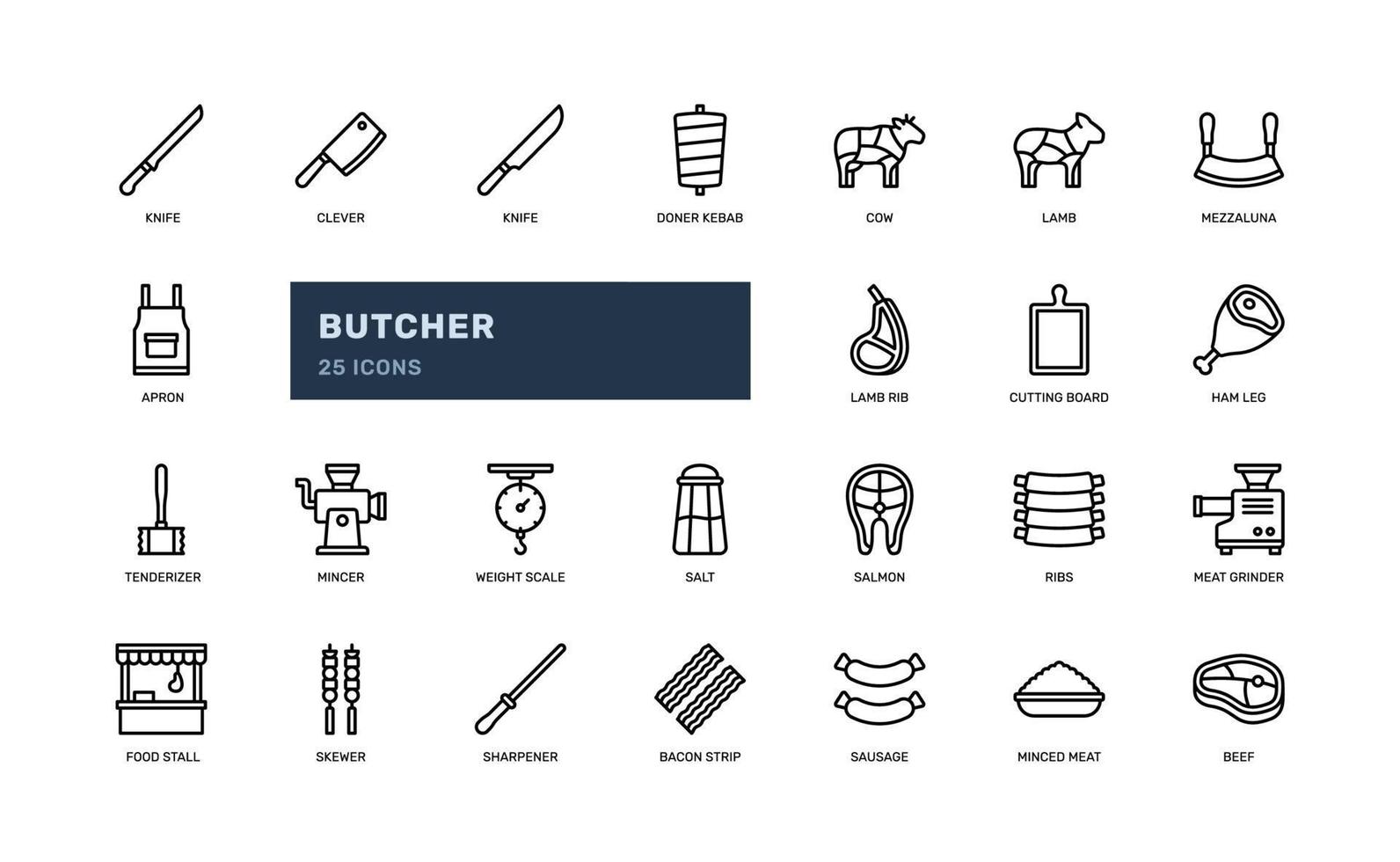 Butcher icons set featuring detailed outline illustrations of meat cuts, knives, cleavers, scales, and other butcher tools. Perfect for food, restaurant, and culinary websites, recipes, and menus vector