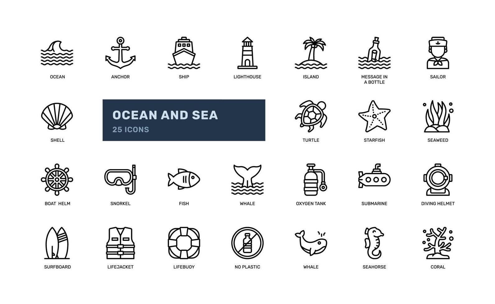 Ocean and sea detailed outline icons set . Perfect for websites, blogs, and marketing materials related to travel, and marine biology vector