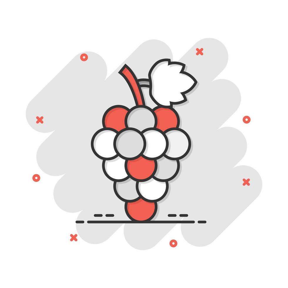 fruta de uva de dibujos animados vectoriales con icono de hoja en estilo cómico. pictograma de ilustración de signo de vino. concepto de efecto de salpicadura de negocios de vid. vector