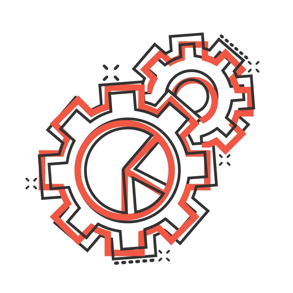 Workflow chart icon in comic style. Gear with diagram cartoon vector illustration on white isolated background. Process organization splash effect business concept.