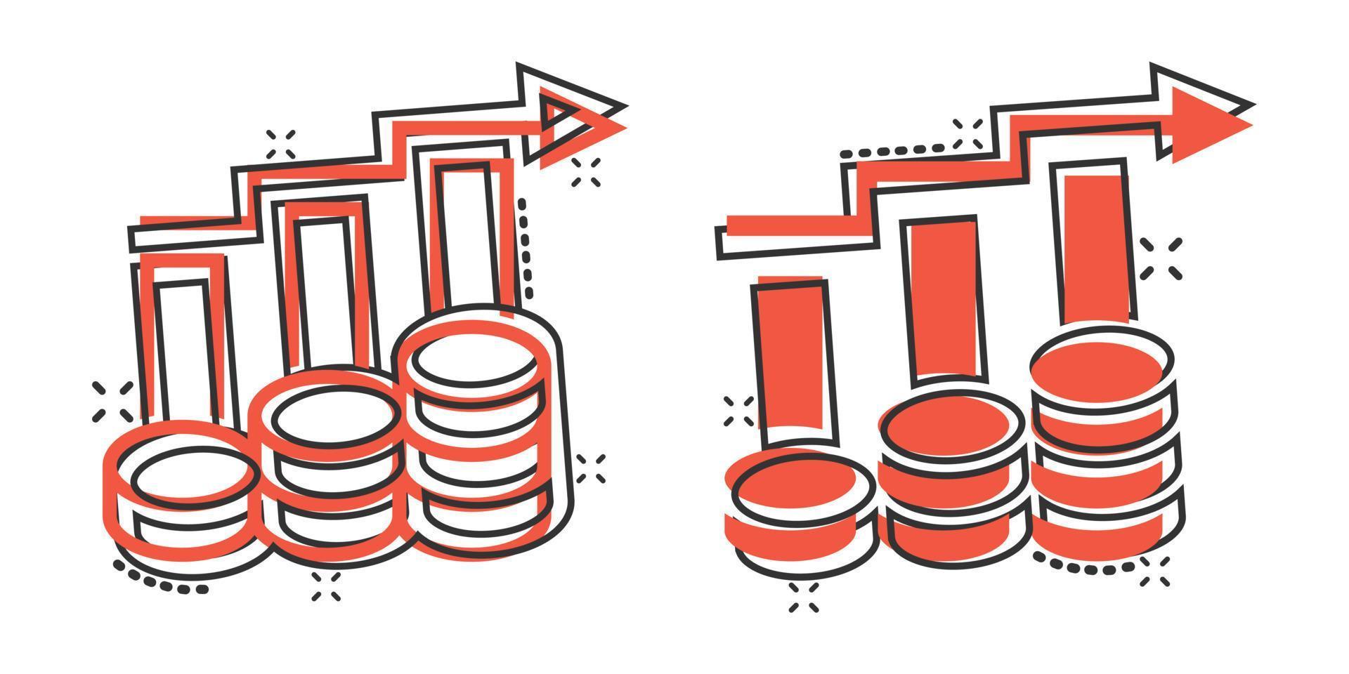 icono de aumento de la tasa de ingresos en estilo cómico. Ilustración de vector de dibujos animados de rendimiento financiero sobre fondo blanco aislado. moneda con concepto de negocio de efecto de salpicadura de flecha de crecimiento.