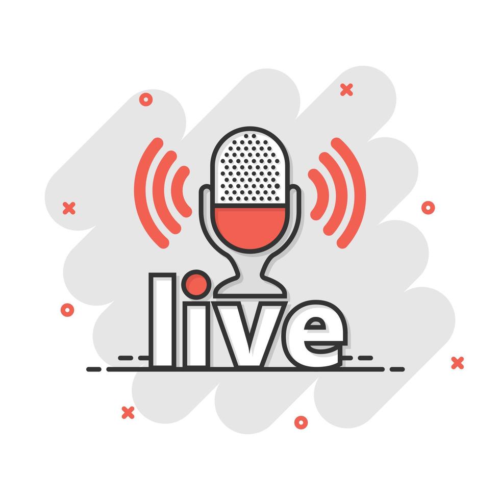 Microphone icon in comic style. Live broadcast vector cartoon illustration on white isolated background. Sound record business concept splash effect.