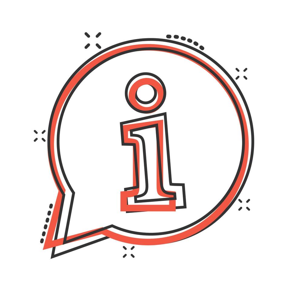 Information icon in comic style. FAQ help cartoon vector illustration on white isolated background. Helpdesk splash effect business concept.