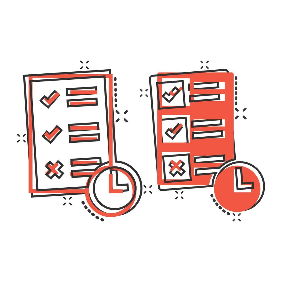 Contract time icon in comic style. Document with clock cartoon vector illustration on white background. Deadline splash effect business concept.