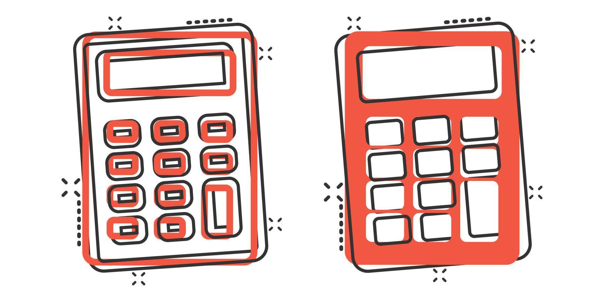 Calculator icon in comic style. Calculate cartoon vector illustration on white isolated background. Calculation splash effect business concept.